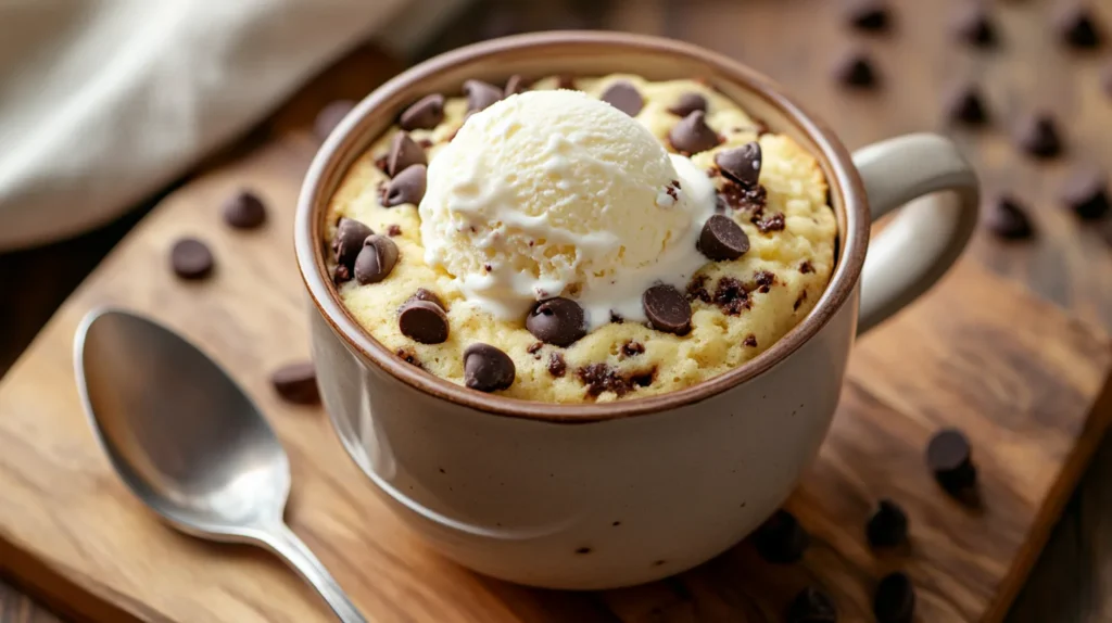 A warm chocolate chip mug cake with gooey chocolate chips melted in the center, served with a spoon.
