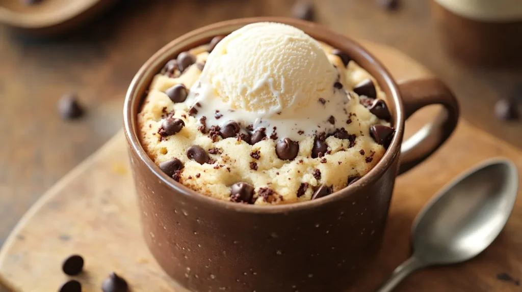 A mug filled with a perfectly baked chocolate chip mug cake, showing gooey chocolate chips in the center.