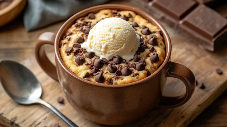 A fluffy chocolate chip mug cake topped with whipped cream and chocolate shavings.