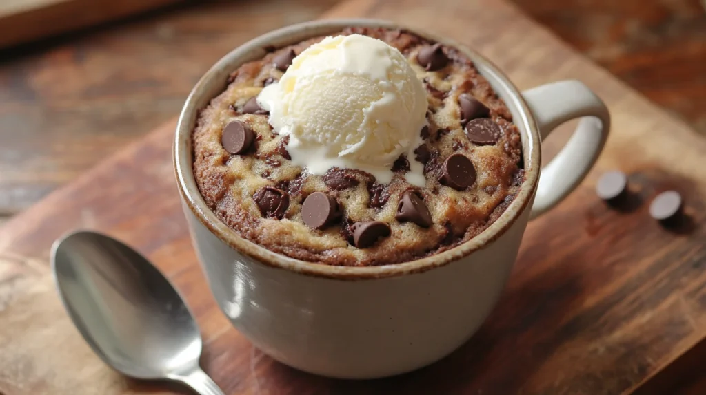 A chocolate chip mug cake topped with a scoop of vanilla ice cream and a drizzle of chocolate syrup.