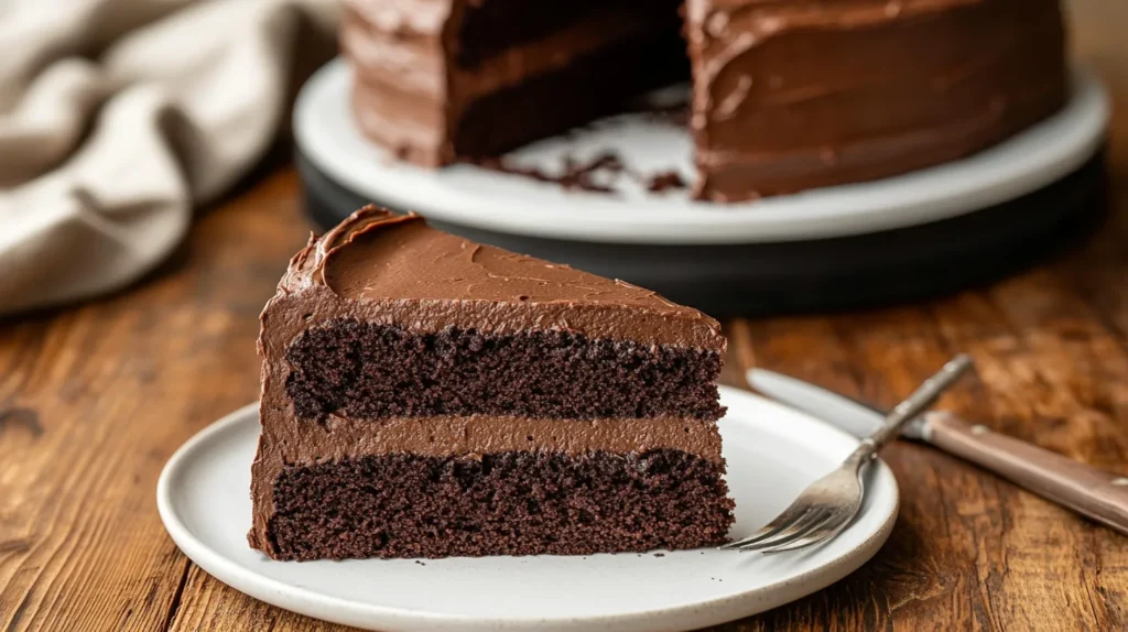 A rich, moist chocolate cake with a smooth chocolate ganache topping, garnished with chocolate shavings.