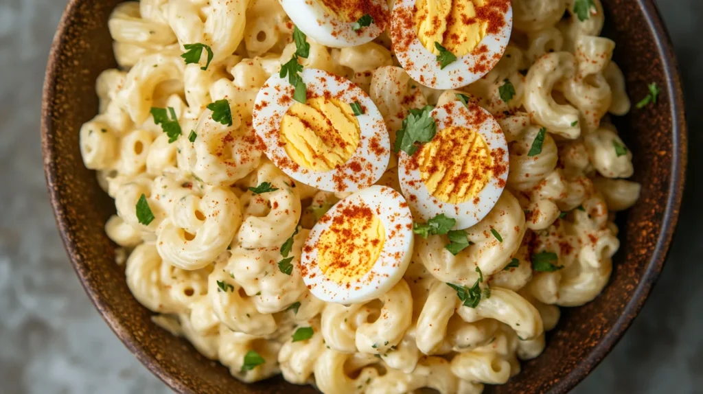 A vibrant bowl of deviled egg pasta salad with hard-boiled egg halves, mayo, mustard, and paprika on top.