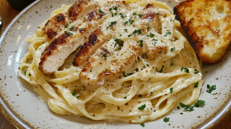 A creamy garlic parmesan chicken pasta with perfectly cooked pasta, crispy chicken, and a rich sauce on top.