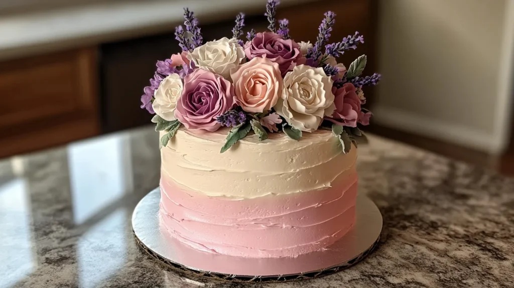 A stunning cake decorated with an intricate flower crown made from edible flowers.