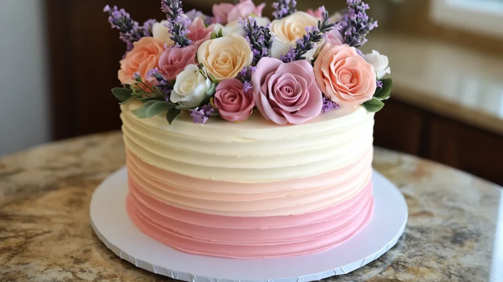 A beautifully decorated flower crown cake with fresh colorful flowers on top.