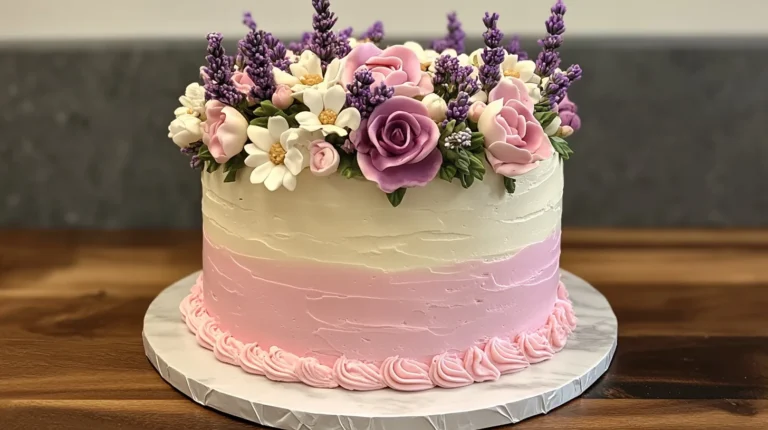 A pastel-colored flower crown cake decorated with soft pink, lavender, and white flowers.
