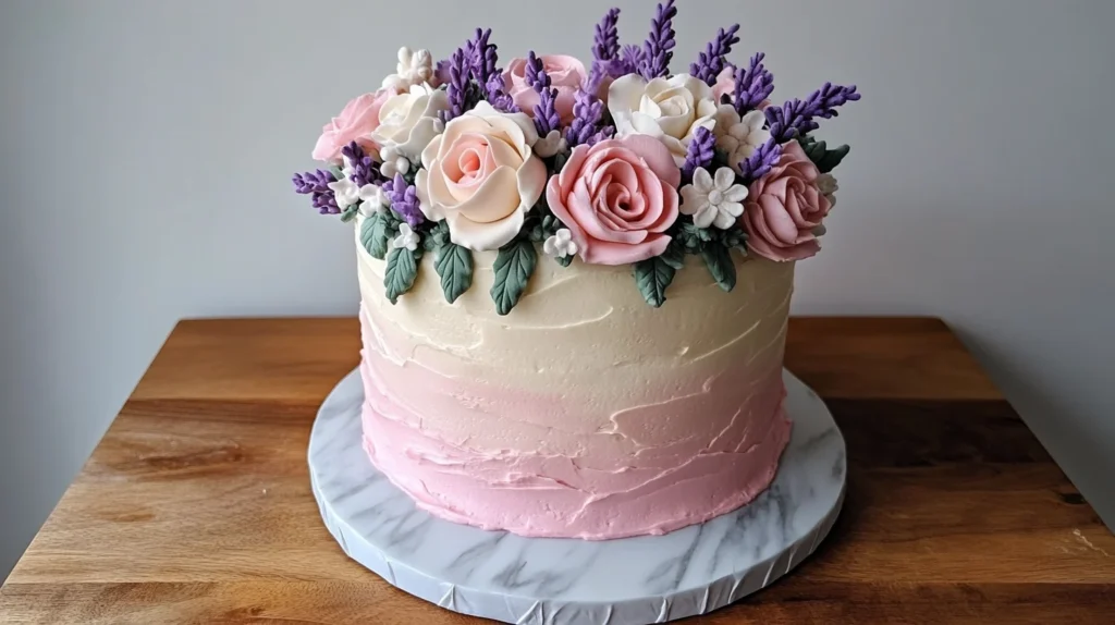 A whimsical flower crown cake adorned with a mix of seasonal flowers.
