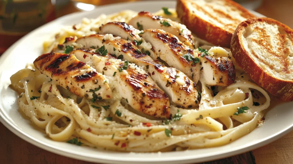 A plate of garlic parmesan chicken pasta served with a side of toasted garlic bread and a sprinkle of fresh parsley.