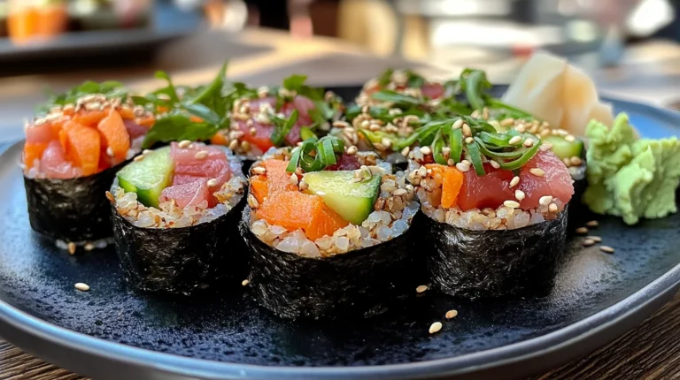 Colorful sushi rolls made with fresh ingredients like salmon, avocado, and cucumber.