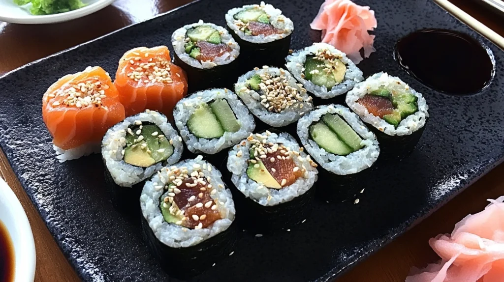 Healthy sushi rolls made with fresh vegetables, lean fish, and whole grains.