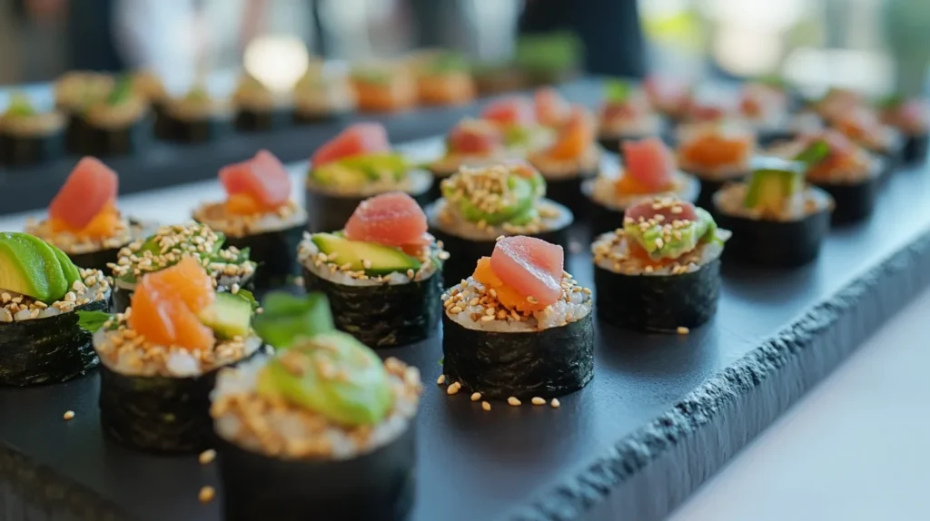 Assorted healthy sushi rolls with fresh fish, vegetables, and avocado.