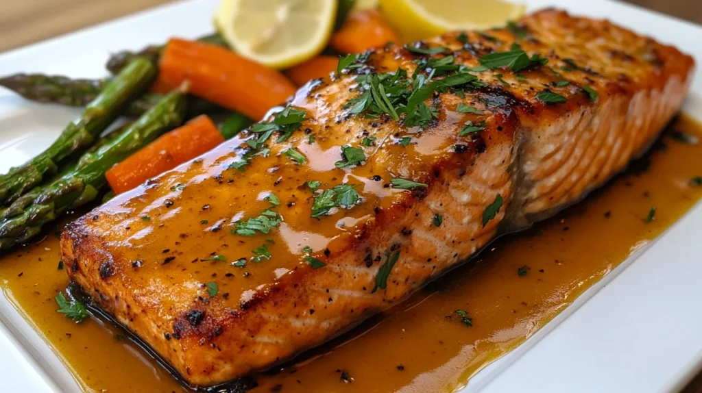 Maple-glazed salmon with roasted vegetables on a white plate.