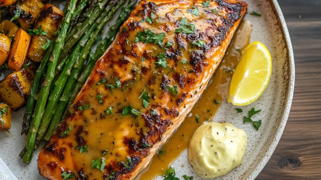 Maple Dijon salmon fillet garnished with fresh herbs and lemon slices.