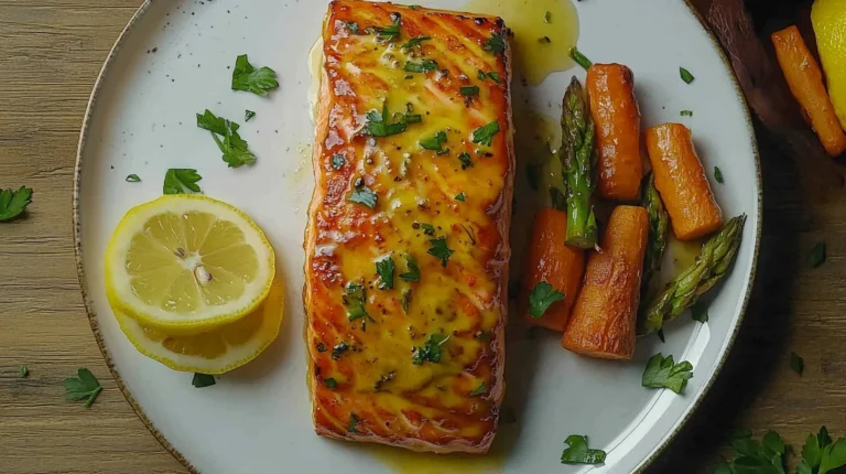 Grilled maple Dijon salmon fillet on a wooden board with a side of lemon wedges.