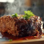 Close-up of a juicy meatloaf slice highlighting its moist, tender texture.