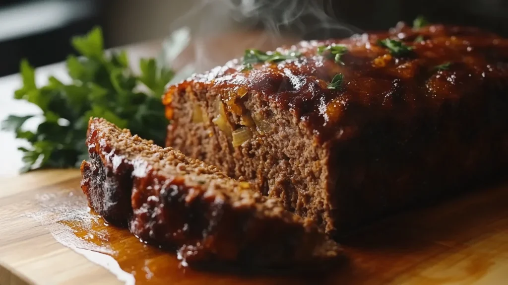 Meatloaf slices served with creamy mashed potatoes and green beans on a dinner plate.