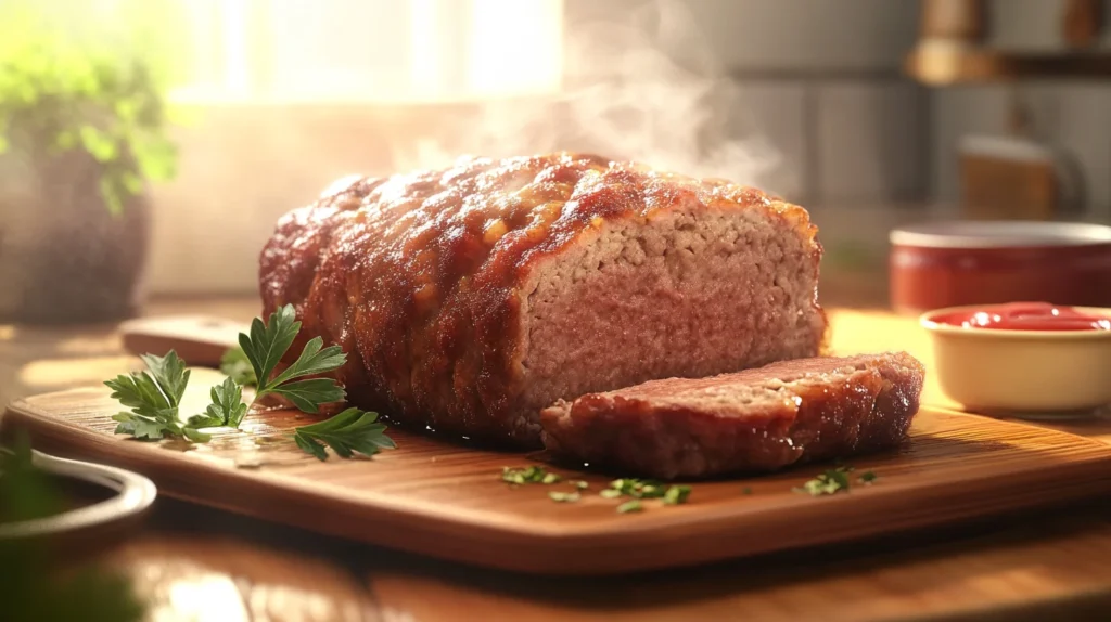 Slices of tender meatloaf garnished with fresh parsley on a white plate.