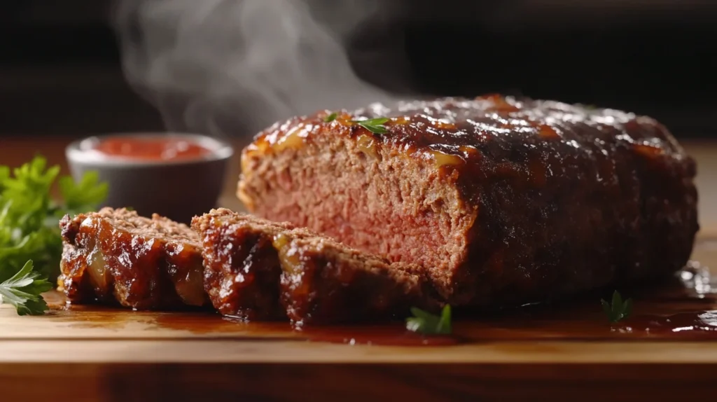 Whole baked meatloaf with a golden-brown crust on a white serving platter.