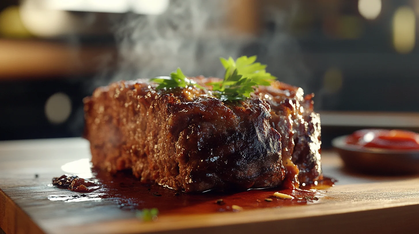 Close-up of a juicy meatloaf slice highlighting its moist, tender texture.