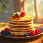 Homemade pancakes stacked high with honey drizzle and sprinkled with powdered sugar.