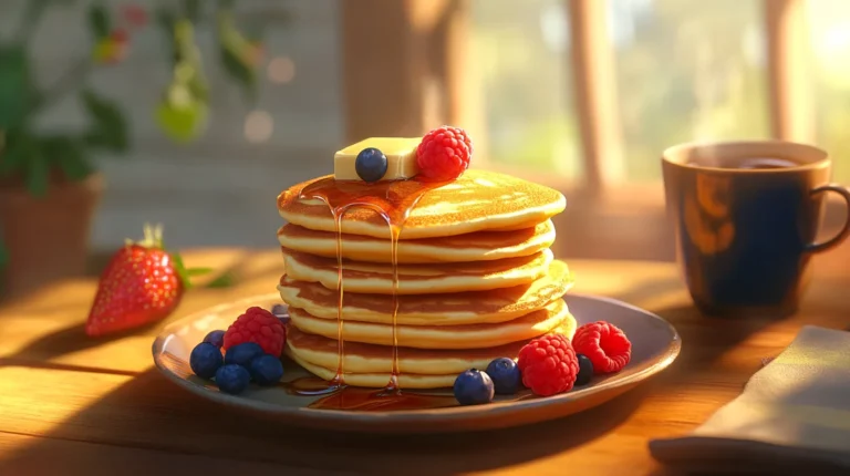 Homemade pancakes stacked high with honey drizzle and sprinkled with powdered sugar.