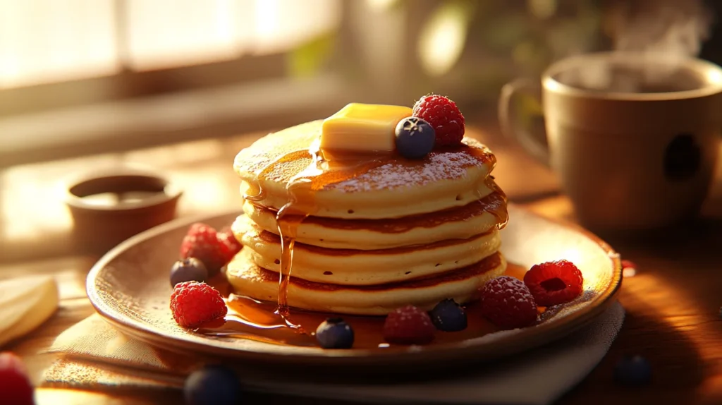 A stack of fluffy pancakes topped with fresh berries and maple syrup on a breakfast table.