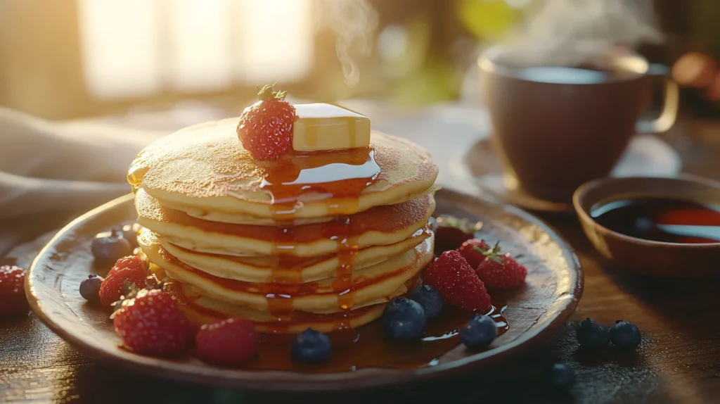 Classic pancake breakfast served with butter, syrup, and a side of fresh fruit.