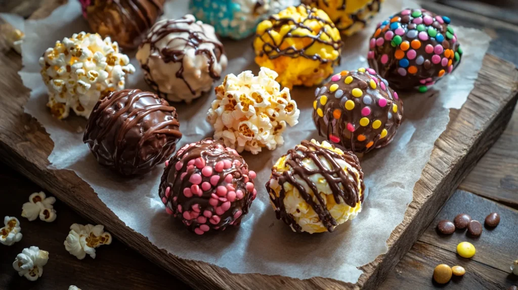A close-up of colorful popcorn balls, tightly packed with caramel-coated popcorn and sprinkled with festive decorations.