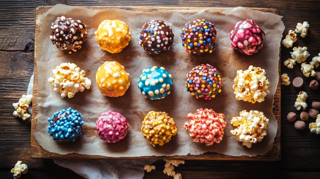 Golden, sticky popcorn balls stacked on a plate, glistening with a sugary glaze and dotted with colorful candy pieces.