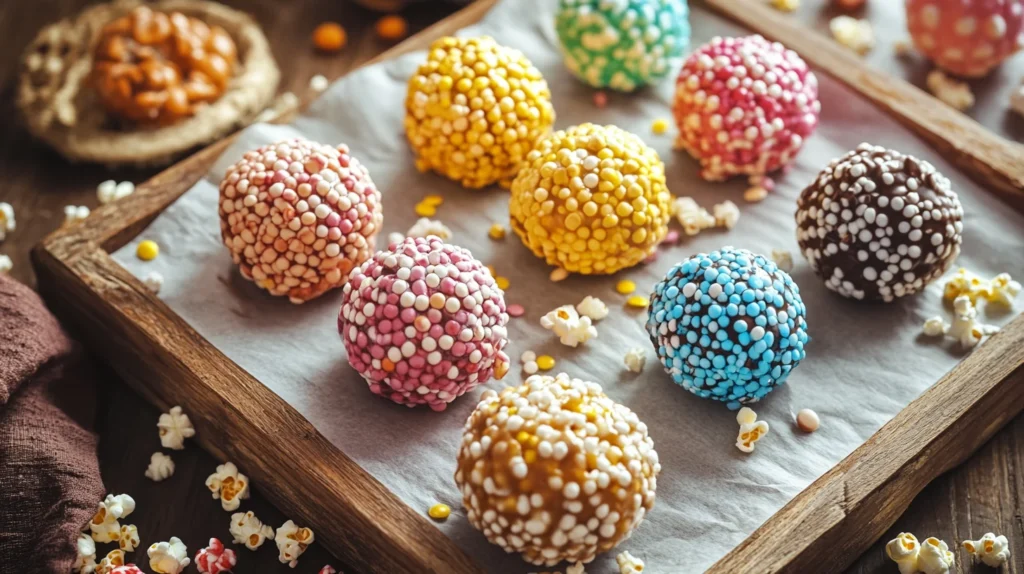 A pile of sweet, crunchy popcorn balls, some wrapped in clear plastic with ribbons for gifting.