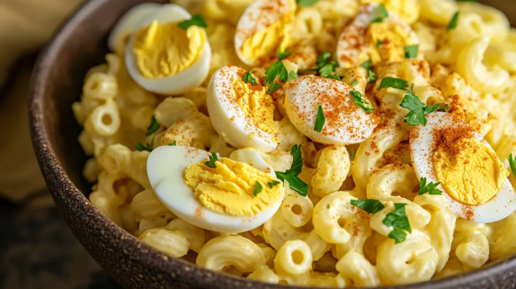 Deviled egg pasta salad served in a bowl, garnished with paprika and fresh herbs.
