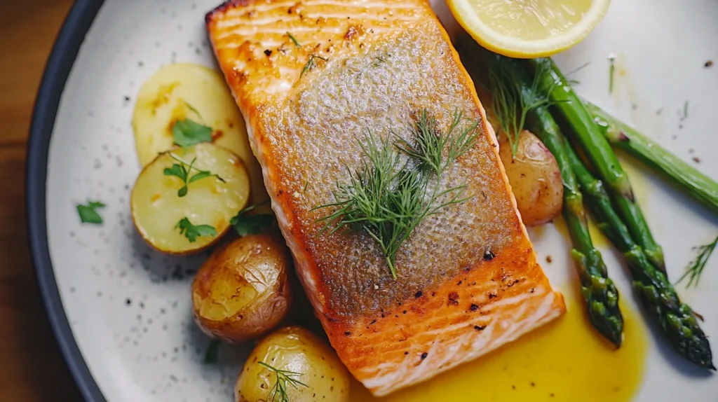 Baked salmon fillet topped with garlic butter sauce and herbs.