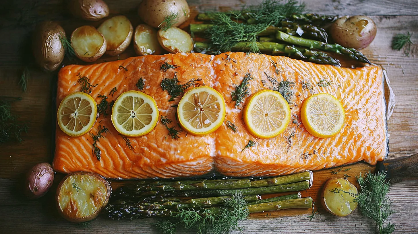 Maple glazed salmon with roasted vegetables on a plate.