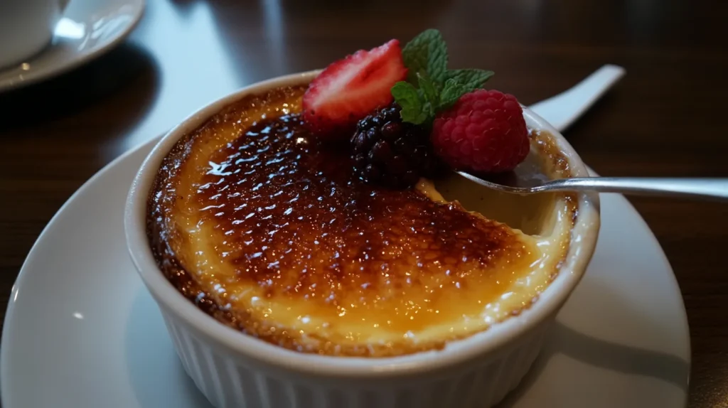A spoon breaking through the caramelized sugar crust of a Crème Brûlée.