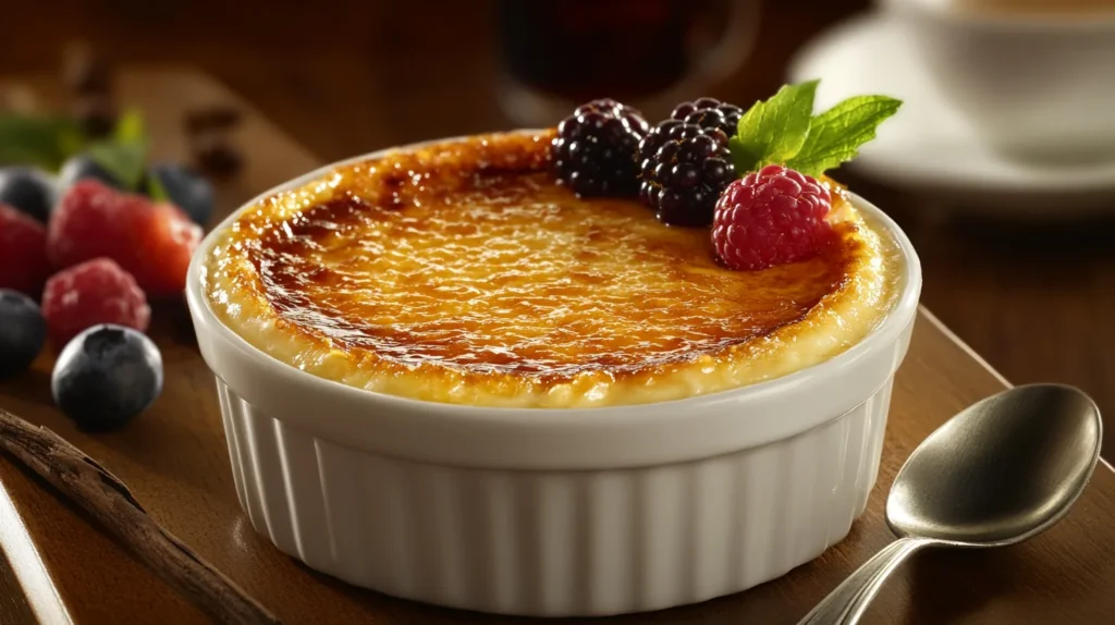 Classic Crème Brûlée with a caramelized sugar topping in a white ramekin
