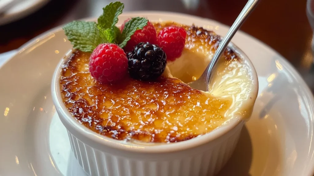Crème Brûlée in a white ramekin with fresh berries on top.