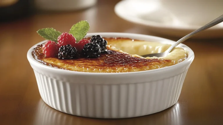 Close-up of a freshly torched Crème Brûlée with golden caramelized sugar.