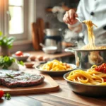 Plate of juicy steak served alongside pasta with a rich sauce, garnished with herbs.