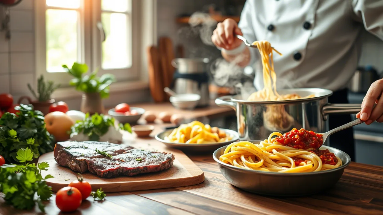 Plate of juicy steak served alongside pasta with a rich sauce, garnished with herbs.