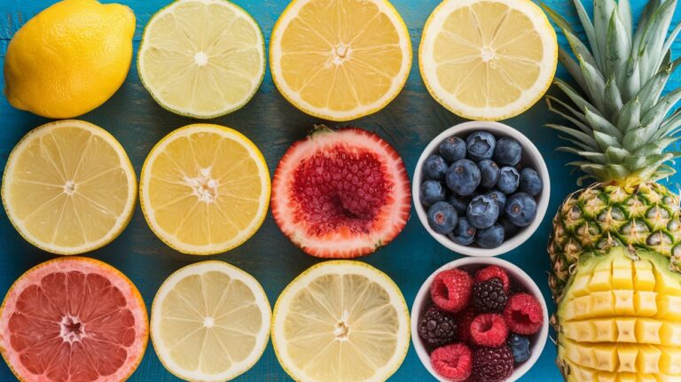 A refreshing assortment of fruit slices, including lemon, strawberries, and oranges, next to glasses of freshly made fruit lemonade.