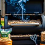 A modern pellet smoker with smoke rising, surrounded by wood pellets and BBQ tools