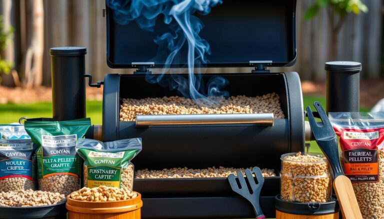 A modern pellet smoker with smoke rising, surrounded by wood pellets and BBQ tools