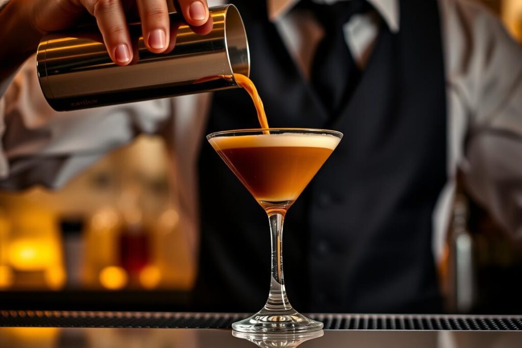Bartender making an espresso martini, pouring the cocktail into a glass