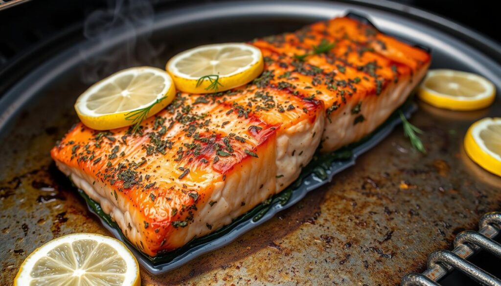 Cedar-planked salmon with herb crust on a pellet smoker