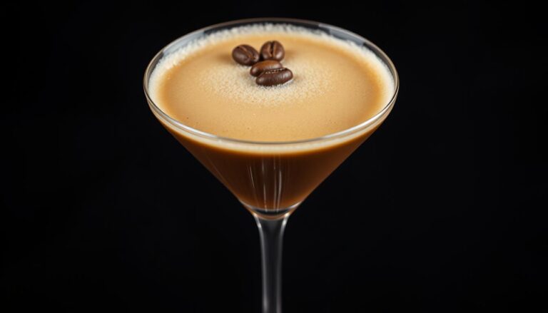 Classic espresso martini in a martini glass with three coffee beans as garnish
