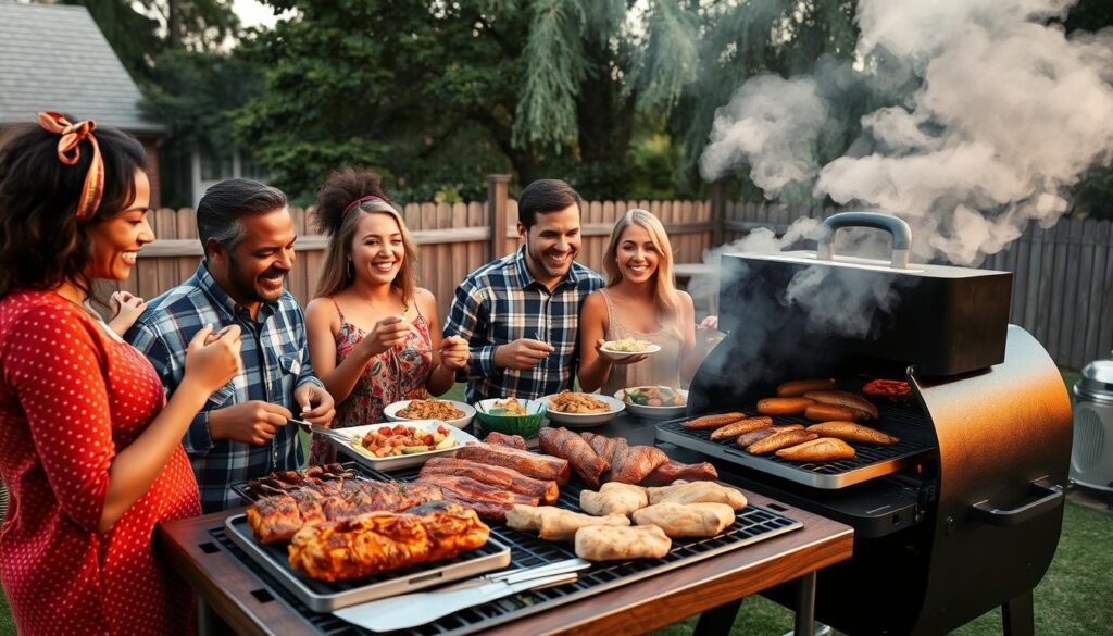 Family enjoying a backyard BBQ with smoked foods from a pellet smoker