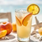 Glass of Beach Peach Lemonade with fresh peach slices and lemon wedge garnish, summer lemonade flavors