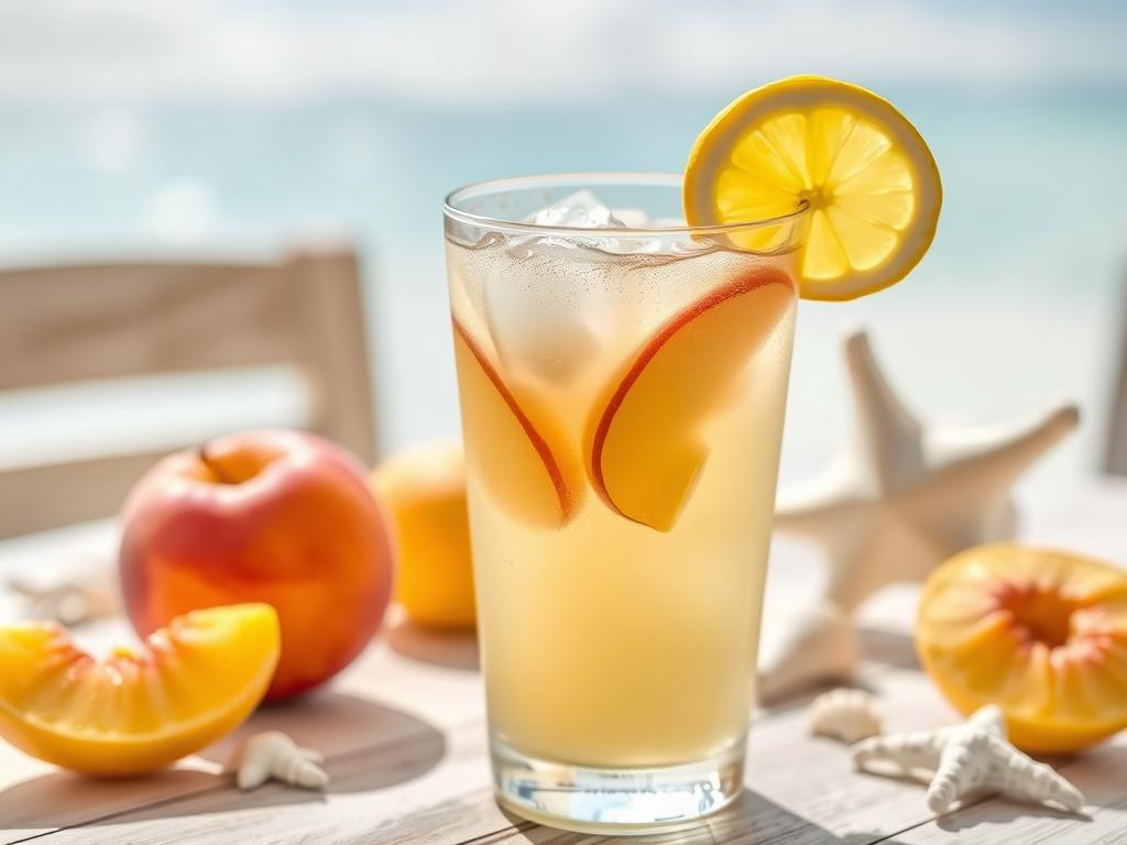 Glass of Beach Peach Lemonade with fresh peach slices and lemon wedge garnish, summer lemonade flavors