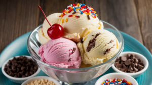 Scoops of homemade ice cream in a bowl, topped with fresh fruit and mint leaves, with a rustic kitchen background.