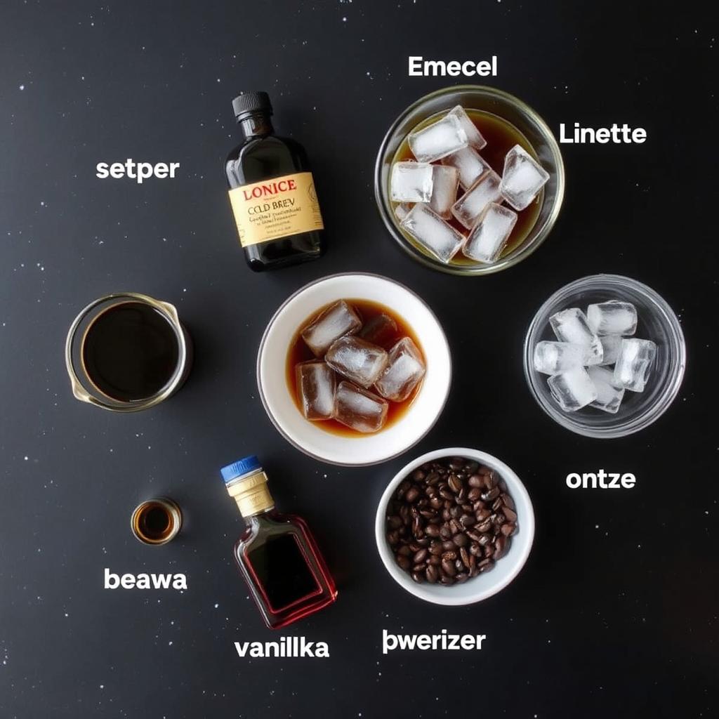 Ingredients for Non-Alcoholic Espresso Martini laid out on a counter Ingredients for Non-Alcoholic Espresso Martini laid out on a counter